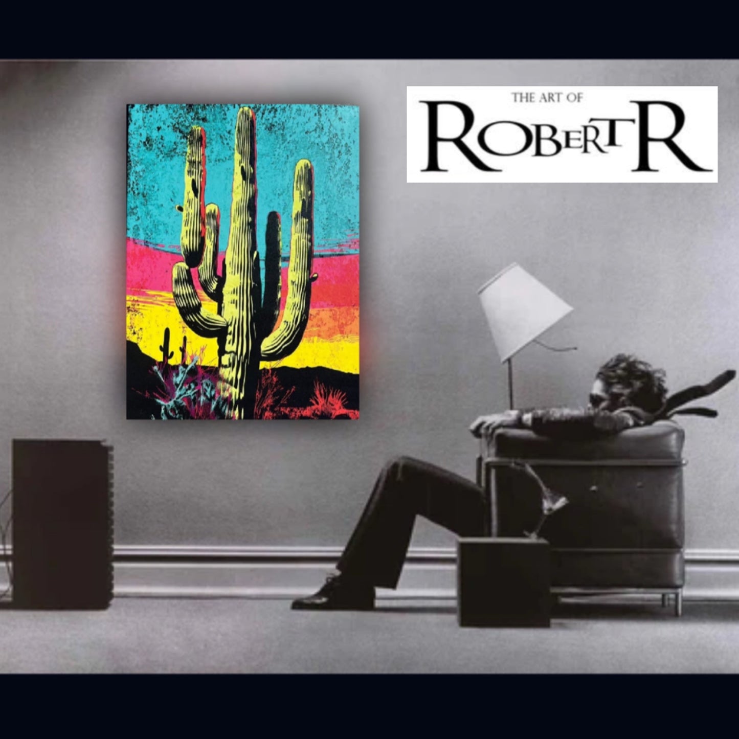 Colorful cactus painting on a wall with a person sitting on a chair below it, featuring 'The Art of Robert Erod  R' logo.