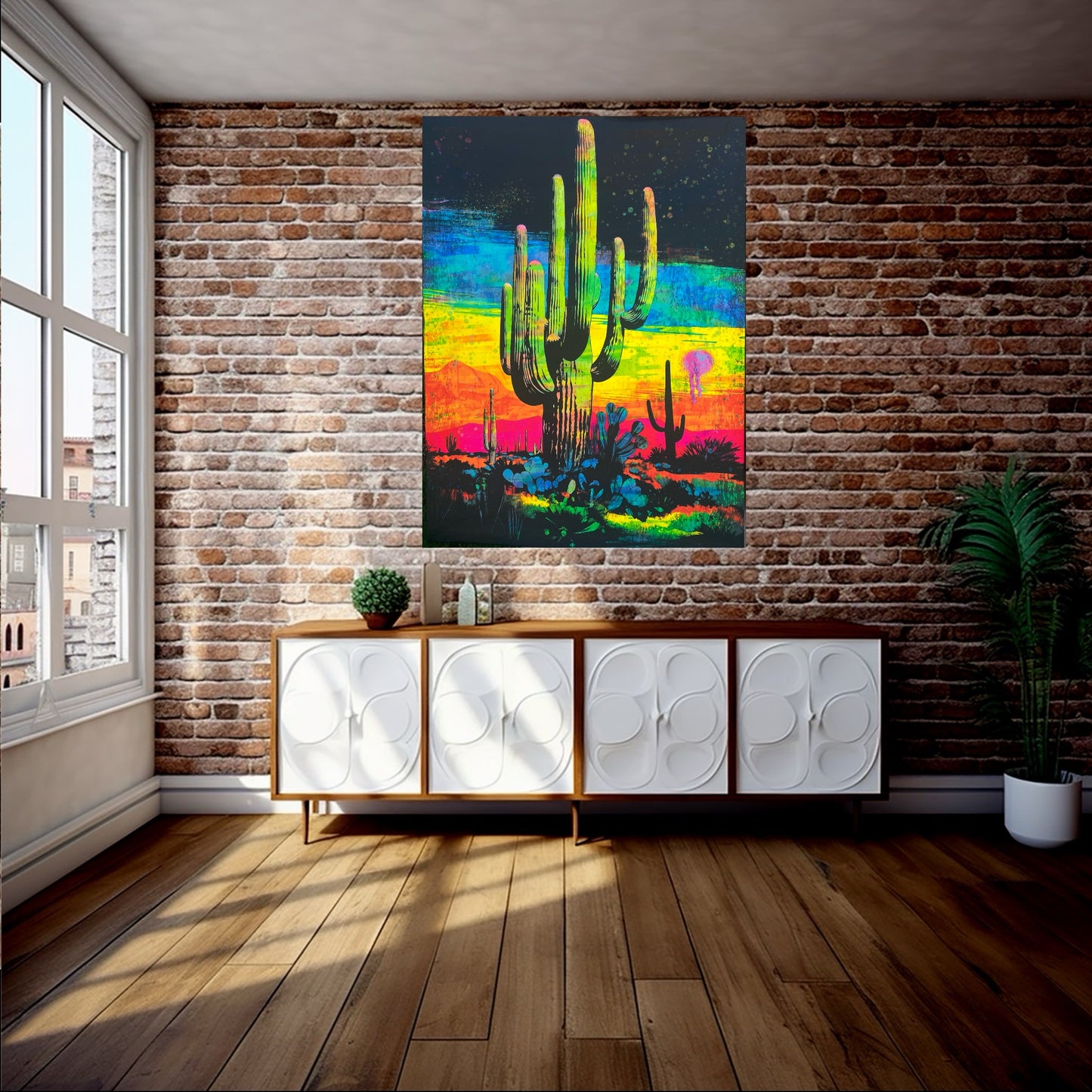 Colorful saguaro desert Arizona cactus painting brick wall art  above a wooden cabinet decor credenza 