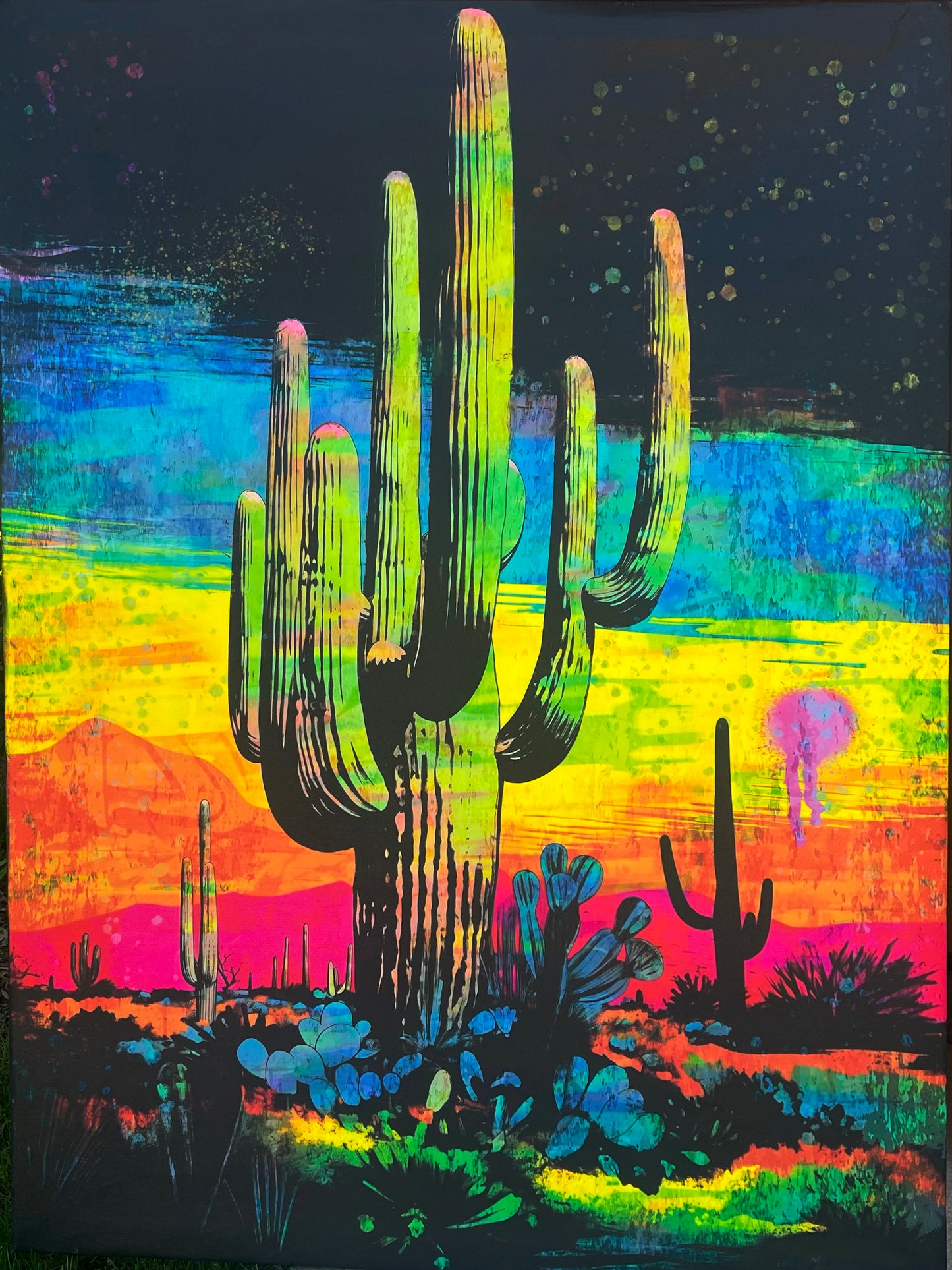 Colorful desert landscape painting with cacti on a large painting  Colorful saguaro desert Arizona cactus painting  brick wall art  decor large saatchi art artist  decor home credenza 