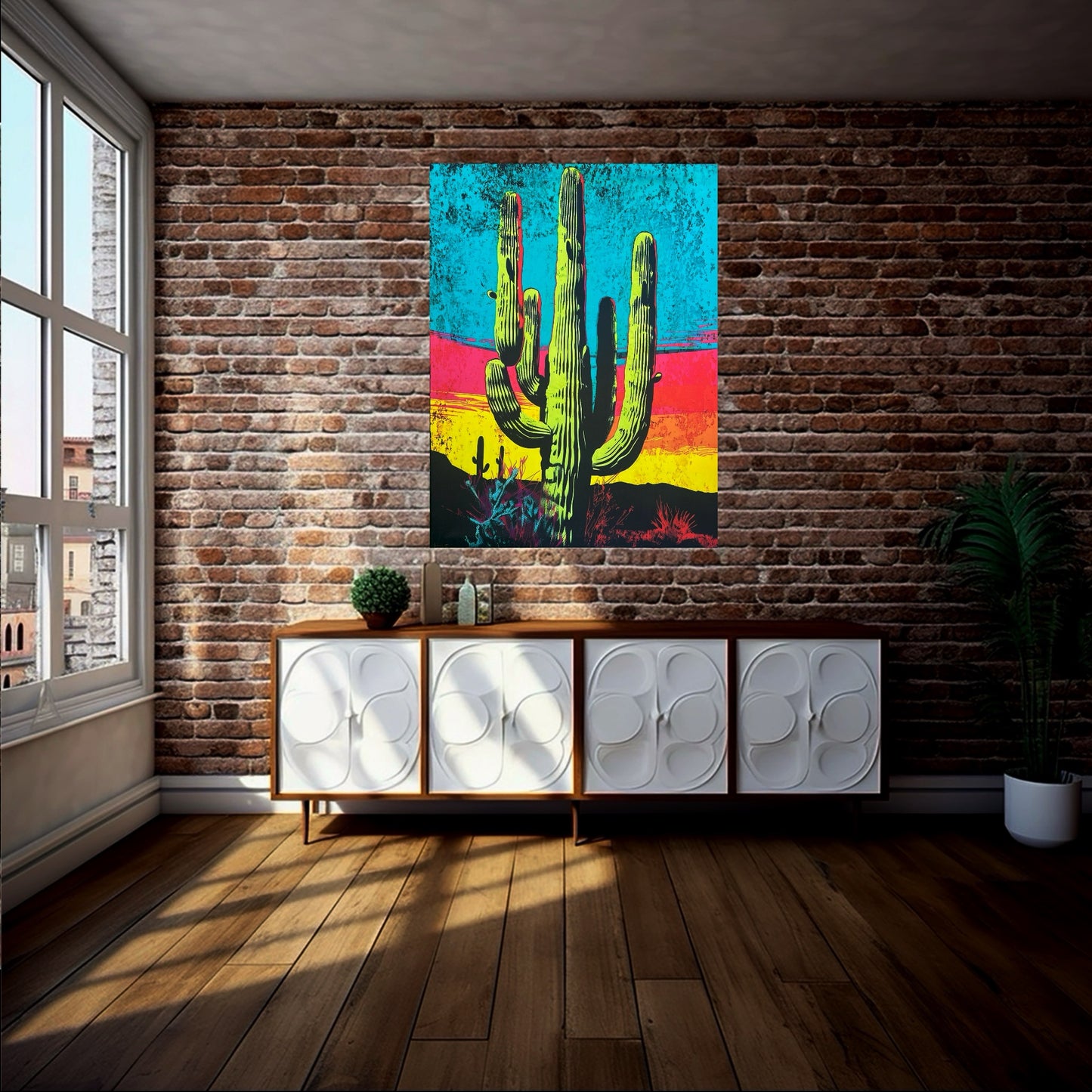 Large colorful desert cactus painting with saguaro cacti landscape artwork