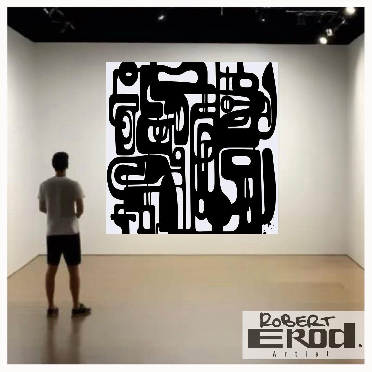 Person looking at modernism painting black and white abstract wall art in a gallery with 'Robert Erod' artist label.