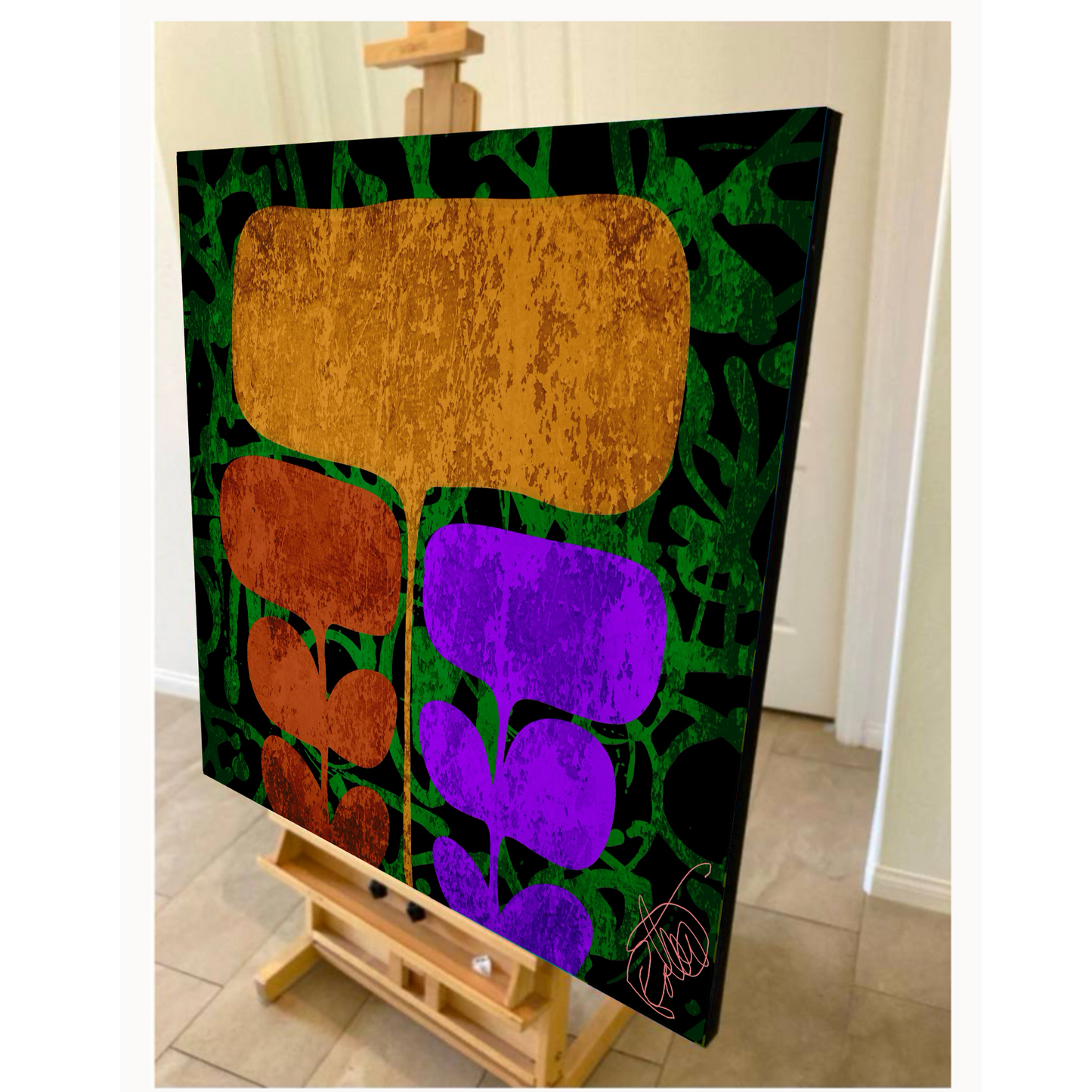 Abstract flower modern art painting on an easel with a green, brown, and purple design.