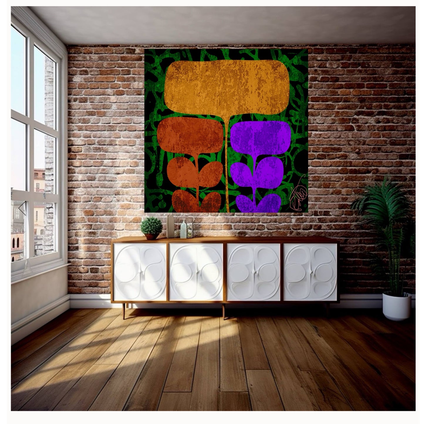 Modern interior with a colorful flower modern abstract art painting on a brick wall.