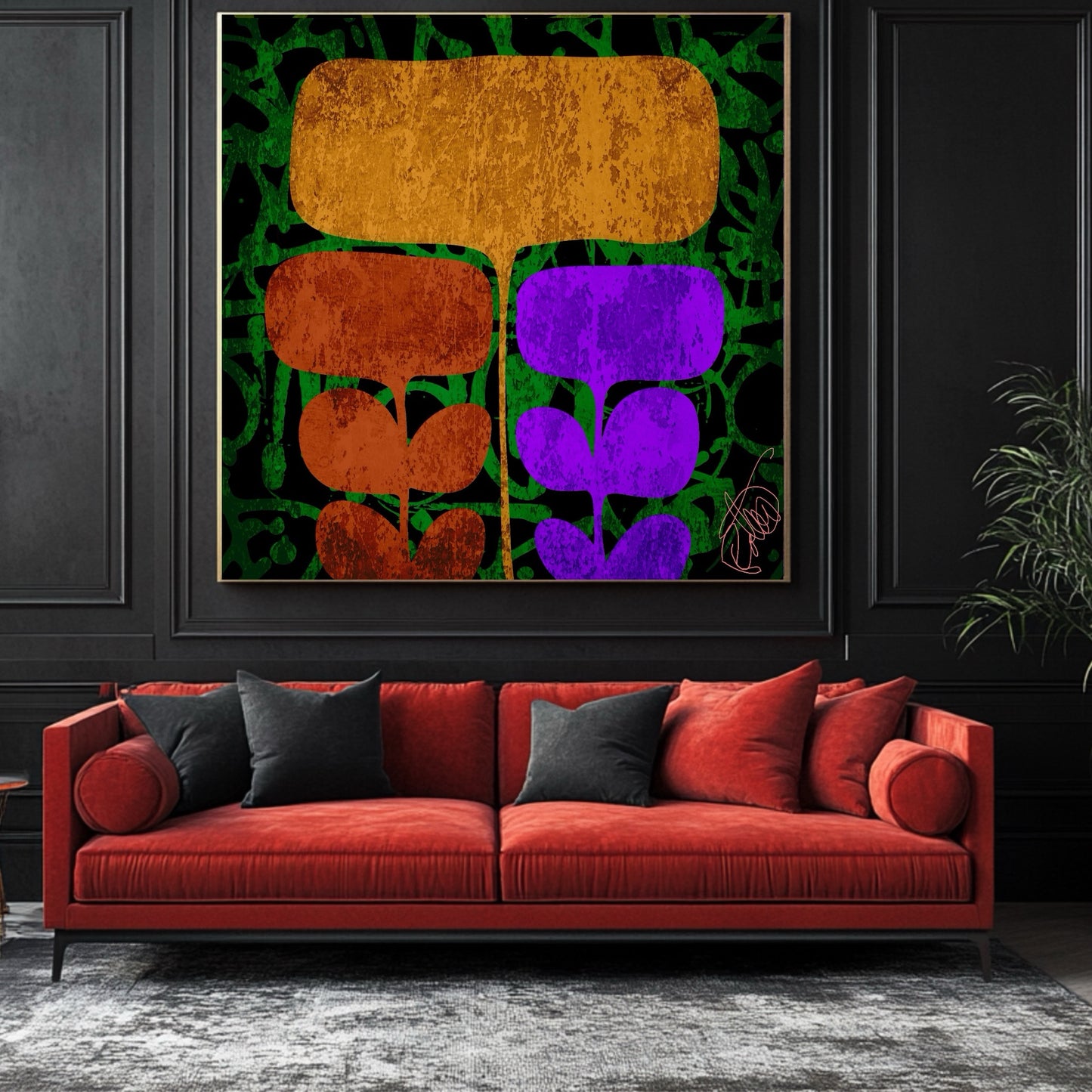 Red sofa with decorative pillows in a room with a large abstract painting on the wall.