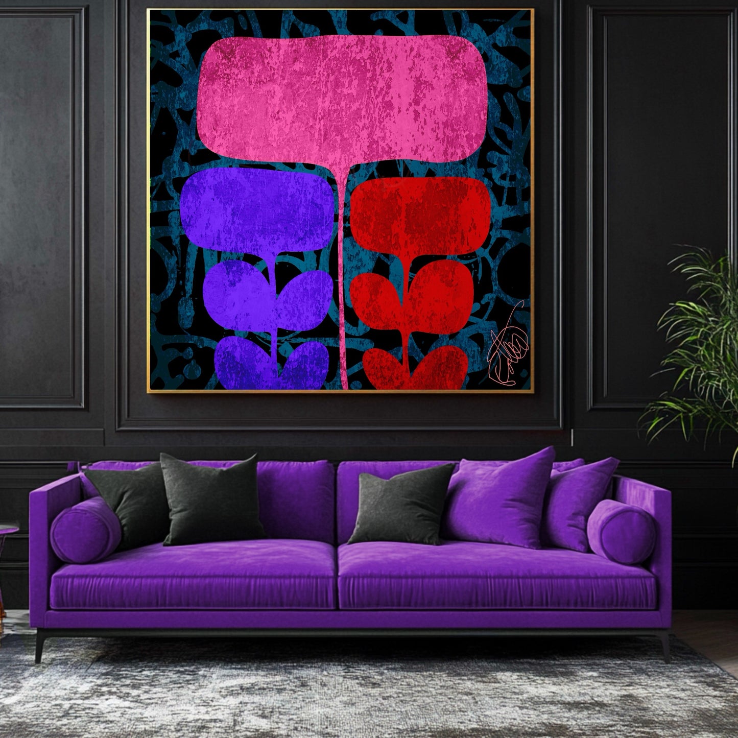 Purple sofa with decorative floral art in front of a colorful flower abstract painting on a dark wall.