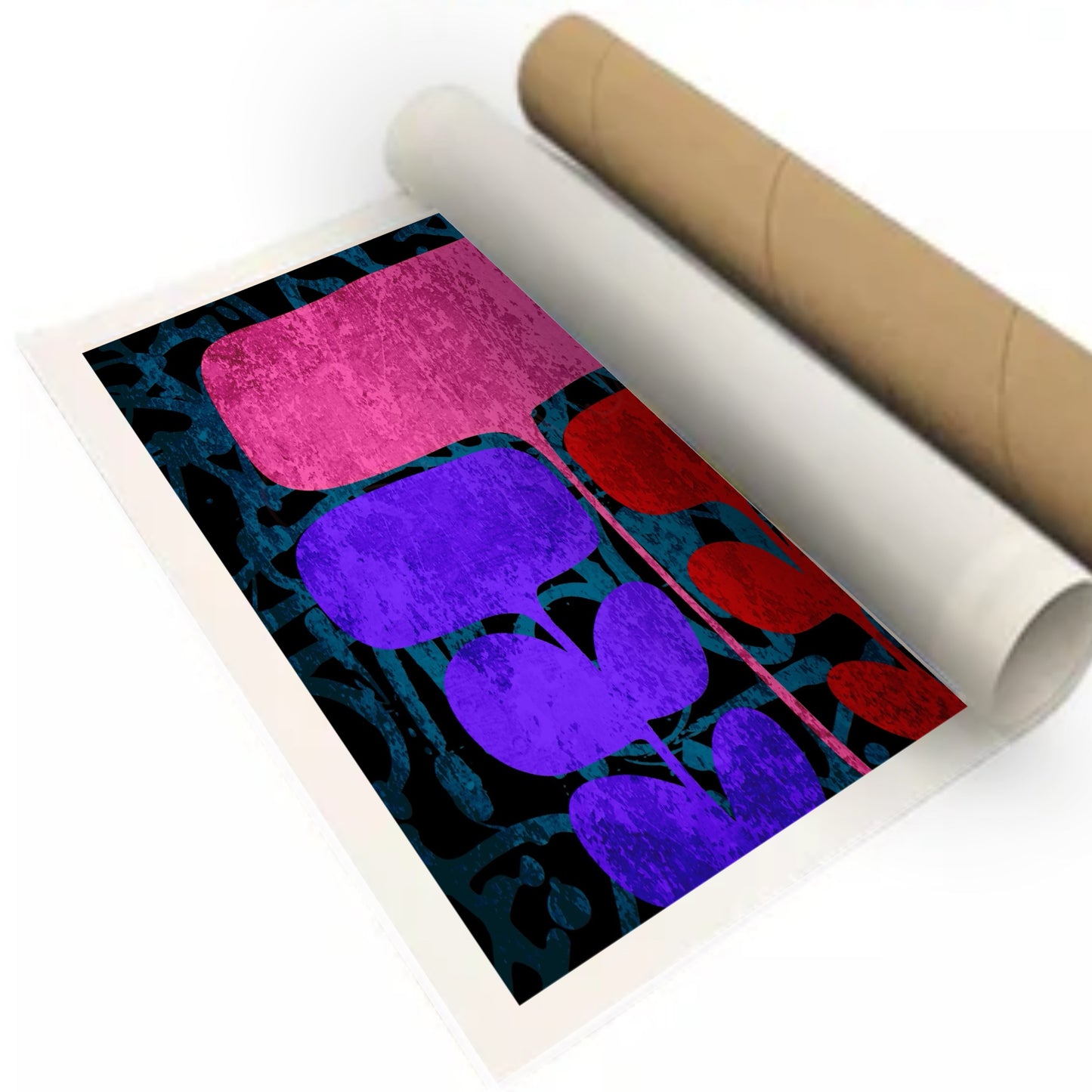 Roll of canvas abstract flower canvas art rolled featuring flat color purple, pink, and red shapes rolled shipping tube 