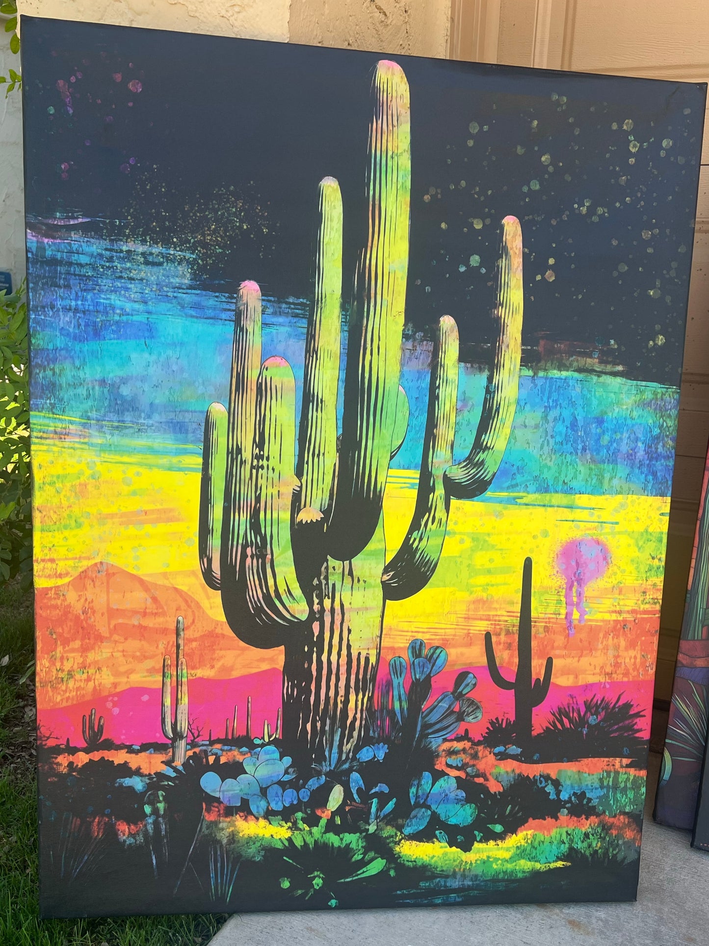Colorful desert landscape painting with cacti on a large painting  Colorful saguaro desert Arizona cactus painting  brick wall art  decor large saatchi art artist  decor home credenza 